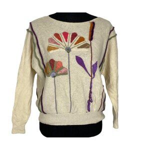 ISLE OF SKYE Women Lambs Wool Embroidered Sweater Sz M Ivory Crew Neck 8A-9